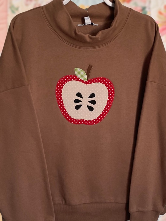 JoyLab Tops - Half Apple Patchwork Embroidered Large Mock Neck Sweatshirt